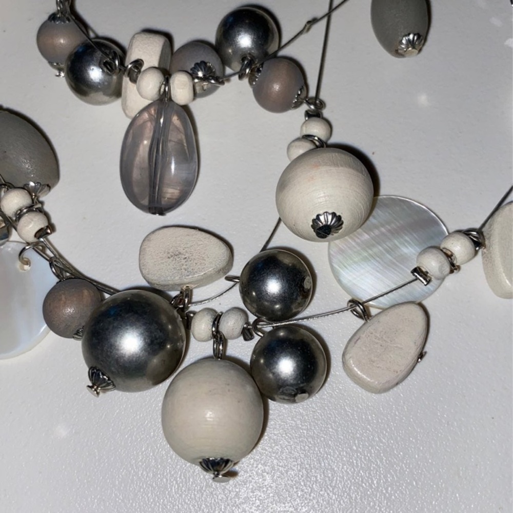 Chicos Triple strand Necklace with tan, silver, gray multi sized beads